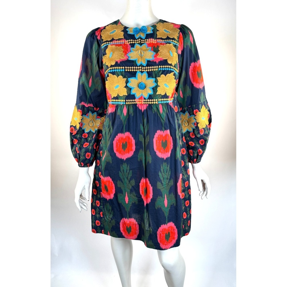 Figue Embroidered Boho Short Dress Women S EUC Long Sleeve Floral Crew Neck Bold
